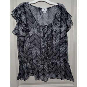 Worthington Womens Large Pullover Blouse Black Geometric Sleeve Scoop Ruffle